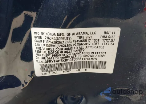 2011 Honda Pilot Ex-L из США, поврежденный, VIN 5FNYF4H5XBB085362